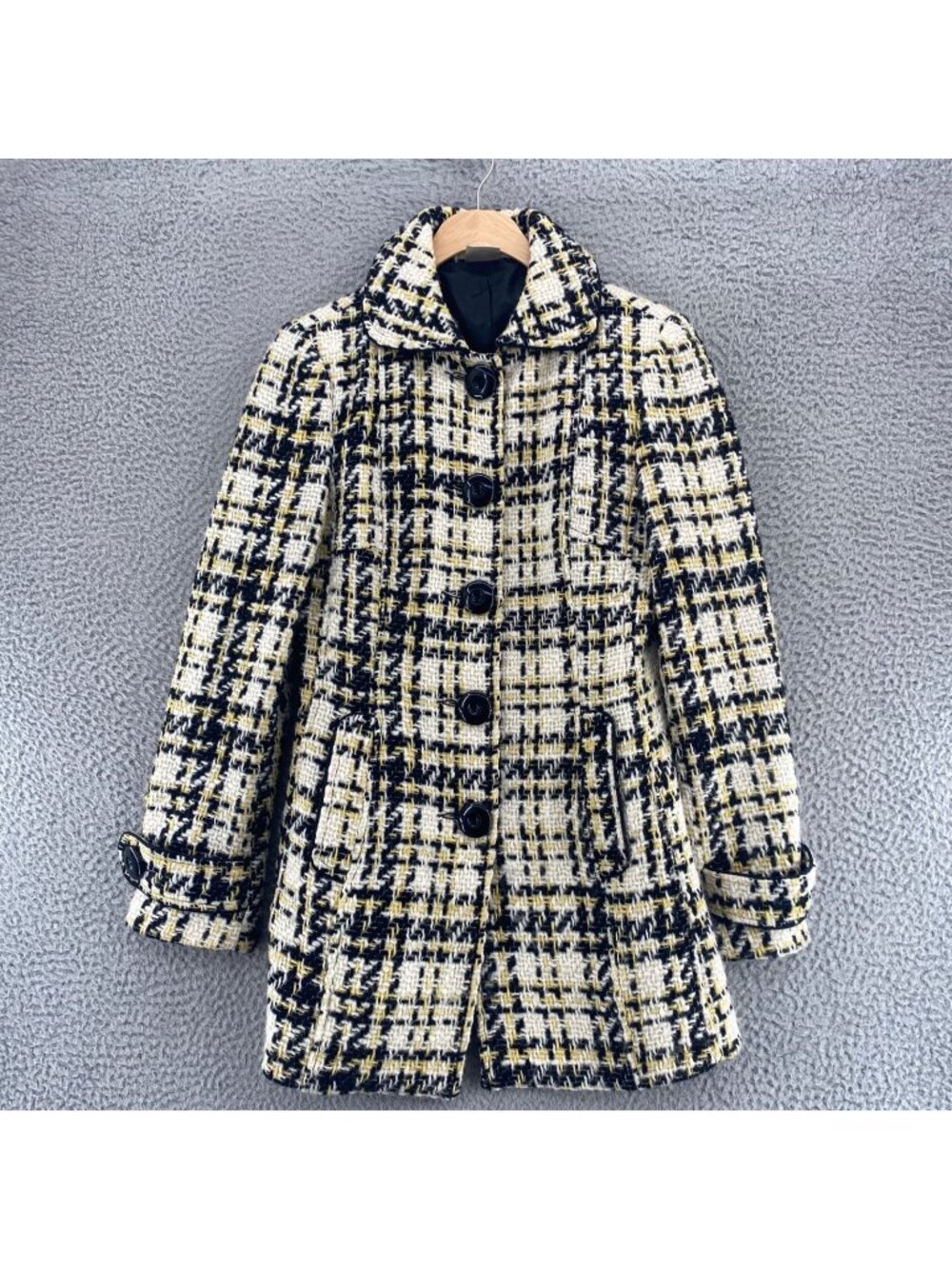 Georgiou Studio Coat Womens 2 Yellow Black Tweed Wool Blend Button Up Pockets